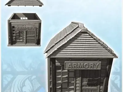 Medieval wooden armory with tiled roof and large entrance canopy 3D print model