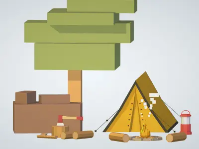 isometric objects tourism cooking BBQ tent fire ax Low-poly 3D model