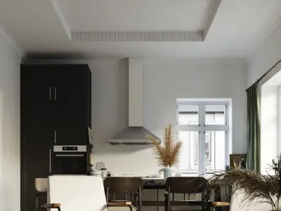 Minimalistic Living Room and Kitchen with Wood Parquet Floor Low-poly 3D model