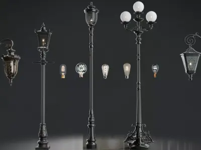 Old lamp posts and wall lamps and emissive vintage bulbs bundle 3D model