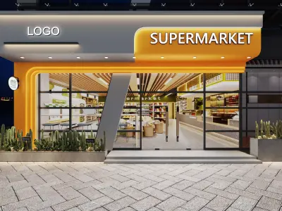 Supermarket convenience store storefront Low-poly 3D model