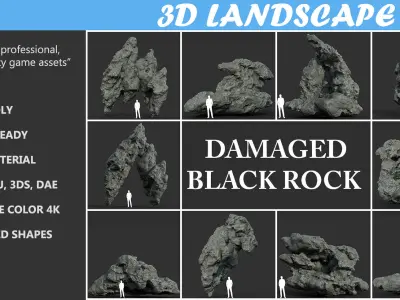 Low poly Damaged Black Rock B 190429 Low-poly 3D model
