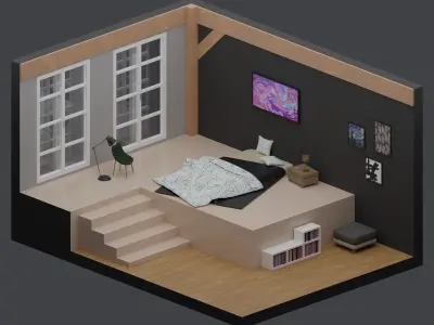 Low-Poly Bedrooms Pack - 5 Bedrooms Low-poly 3D model