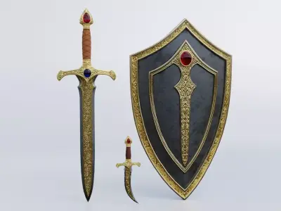 Realistic Game Ready Sword Dagger and Shield Collection Low-poly 3D model