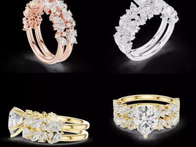 Pear Cut Floral Halo Bridal Ring Set 3DM STL Model 3D print model