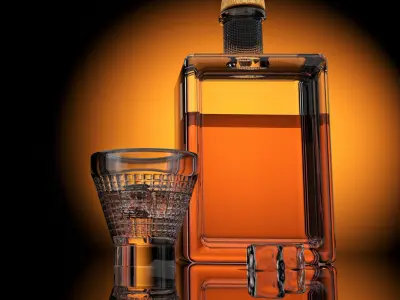 Square whisky bottle and glass with ice cubes 3D model