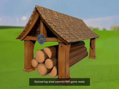 Set of stylized house bushes trees well stones fence PBR 3D Model Pack