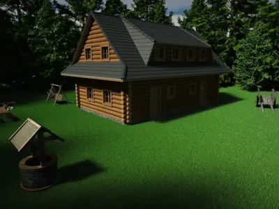Log house in forest with enviroment and interior 3D model