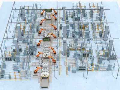  Car Assembly Line Rigged for Cinema 4D 