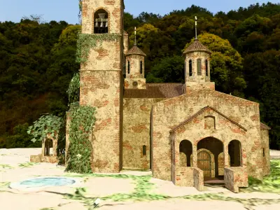 Old Church and 2 Houses And Ivy Houses With Leaf Ground 3D model