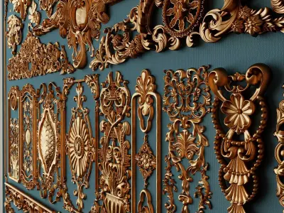 Collection of gold wall decorations Low-poly 3D model