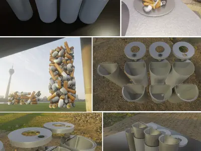  Street Trash Bin with Ashtray and Cigarette Butts Low-poly 3D model