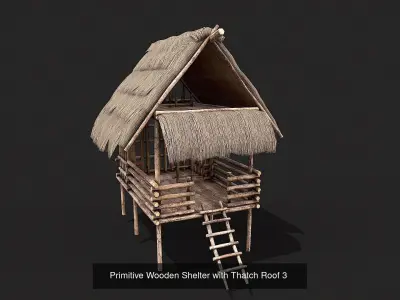 Primitive Wooden Shelter with Thatch Roof PBR Collection 3D Model Pack
