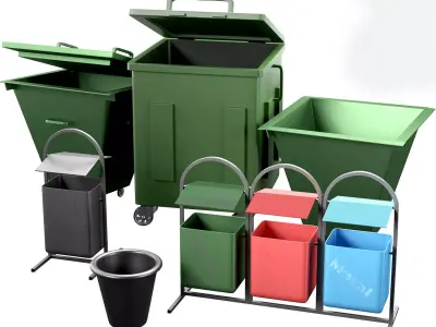Dumpster set two trash cans on wheels Low-poly 3D model