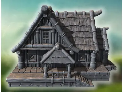 Rustic wooden house with overlapping roof shingles thick wooden  3D print model