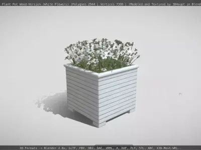 Public Plant Pot Wood-Version with White Flowers Low-poly 3D model