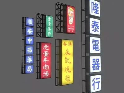 Signboards chinese sign with chinese characters Low-poly 3D model