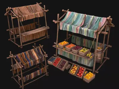 Medieval Market Fruit Stalls Tent Pack Low-poly 3D model