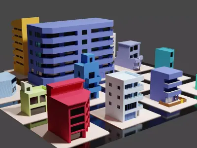 Low poly simple Japanese style buildings Low-poly 3D model
