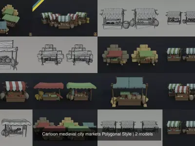 Cartoon medieval city markets Polygonal Style 3D Model Pack