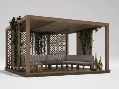 Wood Gazebo with ivy plant 3D model