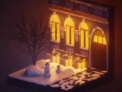 Night Snow Street City in Kiev Winter Light Scene Low-poly 3D model