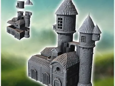 Medieval building with multiple carved doors double towers with  3D print model