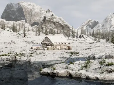 Snow landscape Cabin Scene 3D model