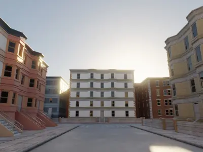 Street with buildings digital set Low-poly 3D model