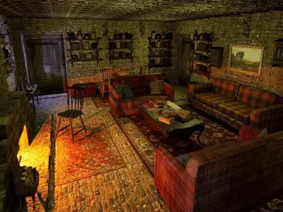 Cozy Stone Village House Room with Fireplace Free 3D model