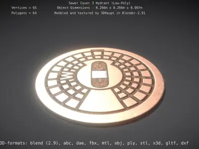 Sewer Cover 3 Hydrant Low-Poly Low-poly 3D model