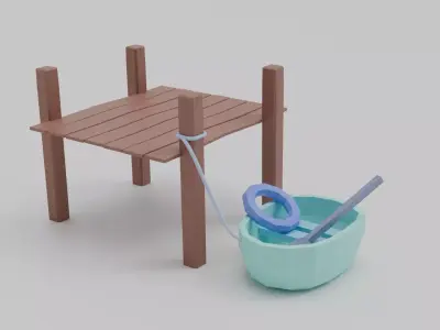 Wooden dock and small boat Low-poly 3D model