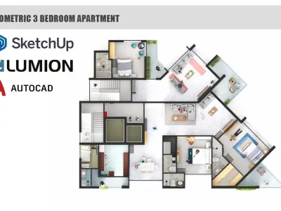Isometric 3 bedroom apartment layout 3d Animation Lumion 12 3D model