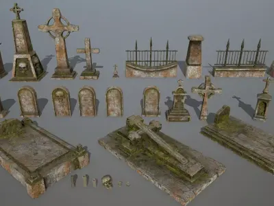 tombstone set pair of wooden doors Low-poly 3D model