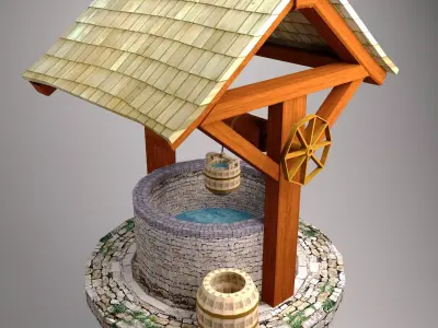 Low poly WELL water fountain with wooden roof Free low-poly 3D model