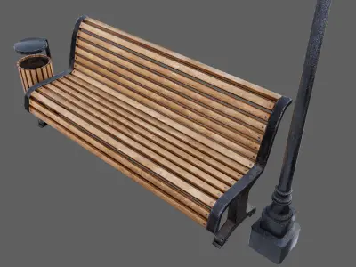 Urban Bench Set - 3 Variations - Trash Bin and Street Lamp Low-poly 3D model