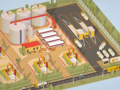 Isometric Oil Field Extracting Crude Big Base Low-poly 3D model