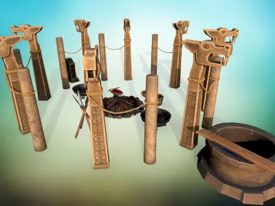 Stylized ritual altar columns bonfire grave sacrificial knife  Low-poly 3D model