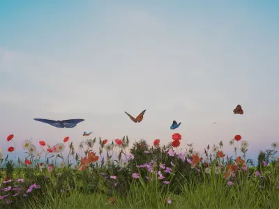 Beautiful Animated Windy Grass field flowers with Butterflies 3D model