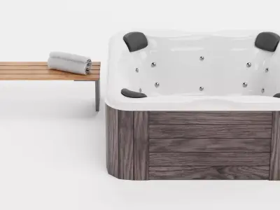 Garden Setup V10 - Wooden Hot Tub with Bench Low-poly 3D model
