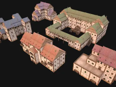 Set of Medieval City High-Rise Buildings Low-poly 3D model