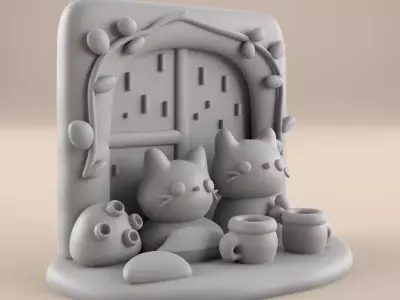 Cozy Cat Duo Rainy Window STL 3D print model