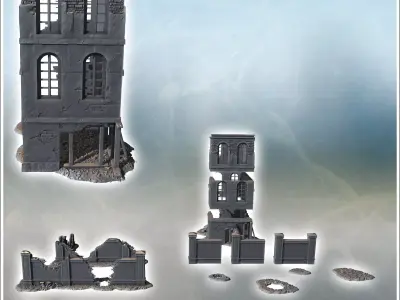 Ruined brick wall with collapsed roof sections and scattered deb 3D print model