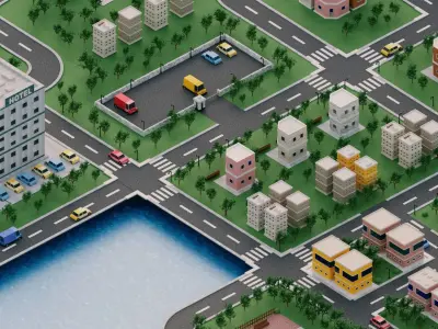 Modular Simple City Town  Low-poly 3D model