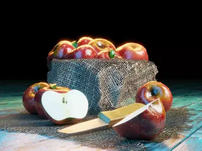Apple in a Bowl with Fabric over wooden plank floor-Blender 3D model