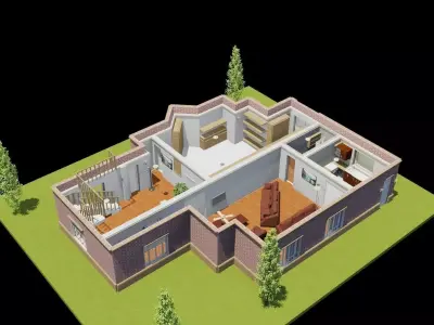 Set 6 Houses Detached with interiors Low-poly 3D model