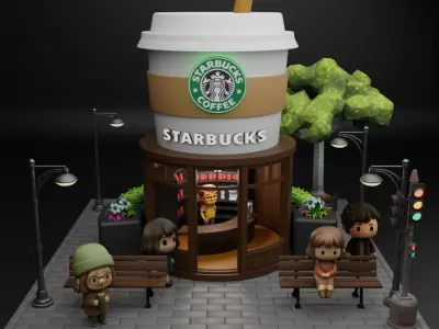 Starbucks  Miniature Coffee Shop Diorama Scene Low-poly 3D model