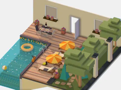 Relax by the pool on the sun loungers Low-poly 3D model