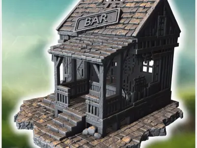 Wooden bar with a large porch broken windows damaged roof shingl 3D print model