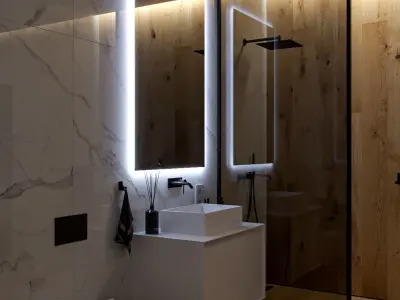 Bathroom modern with wooden floors and marble walls 3D model